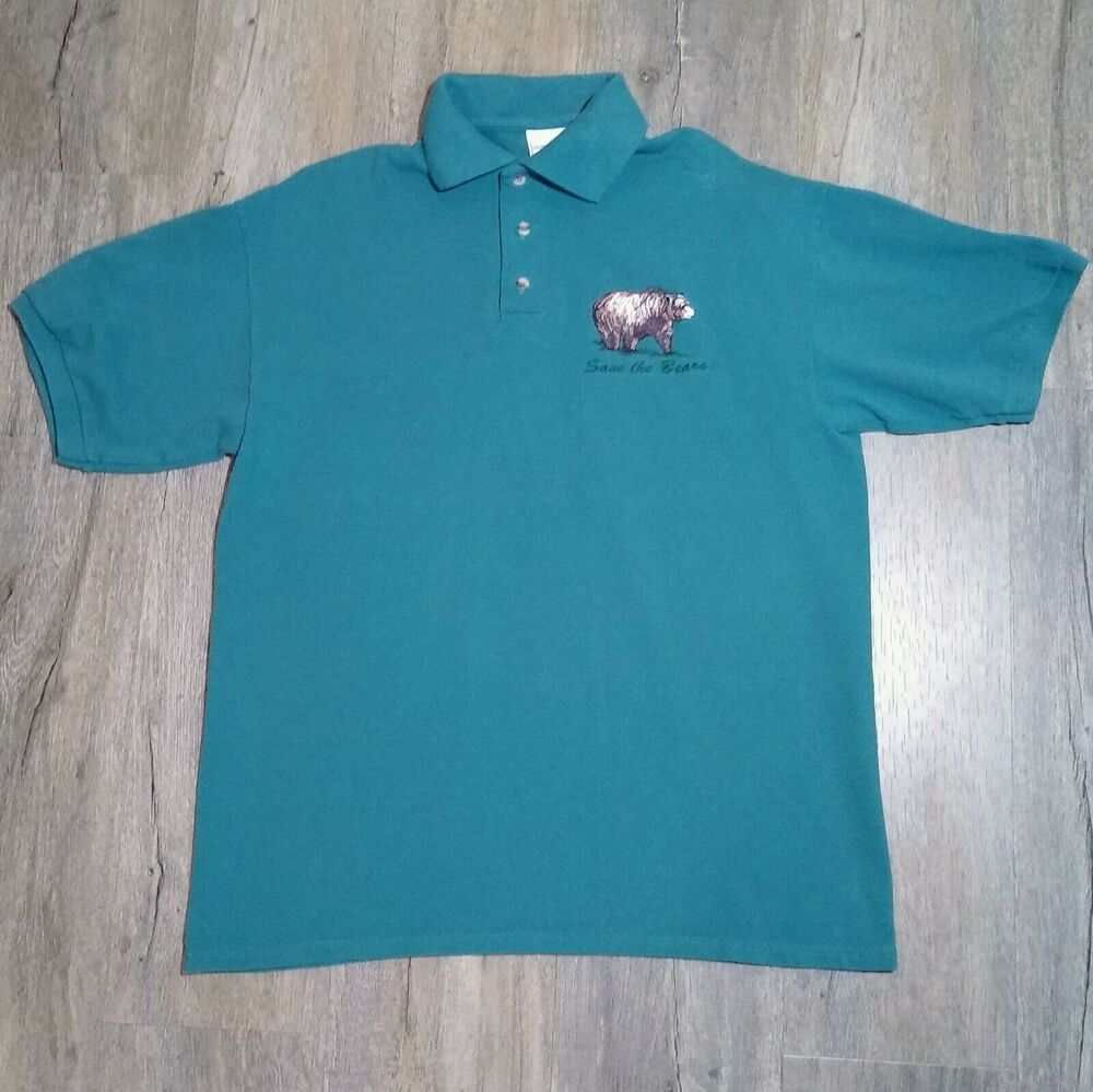 Vintage Save the Bears Embroidered Cotton Deluxe by Anvil Green Polo Sz Large